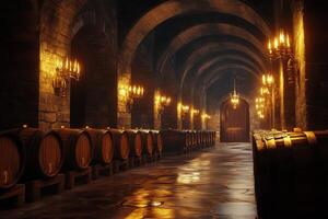 A grand royal wine cellar with flickering torches and rows of oak barrels in an ancient setting photo