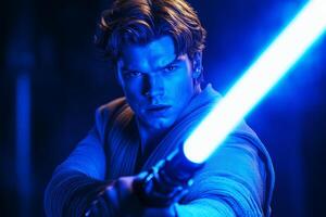A man wielding a bright blue lightsaber during an intense duel, showcasing his strength and creativity in a dramatic setting photo