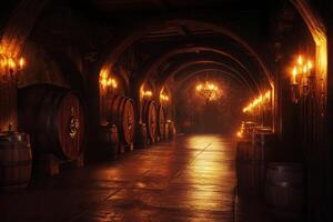 Explore the elegance of a regal wine cellar with oak barrels illuminated by flickering torchlight in a historic setting photo
