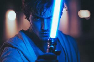 A man confidently wielding a blue lightsaber, showcasing strength and creativity during an evening adventure photo