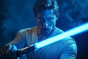 A man confidently wielding a bright blue lightsaber in a dynamic pose, showcasing creativity and strength in a dramatic setting photo