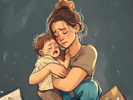A tired mother comforts her crying baby daughter while her son clings to her waist, expressing distress at home photo
