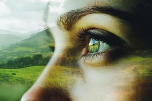 Exploring deep connections with nature through green landscapes and eco-conscious reflections in serene eyes photo