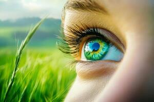 A person's eyes deeply connected with nature, gazing at a vibrant green landscape during a serene morning photo