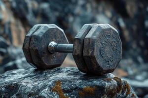 High-quality dumbbell resting on a rock in a rugged outdoor setting, perfect for fitness marketing and gym enthusiasts photo