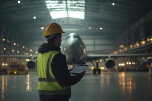 Young man in a yellow vest and hard hat uses a tablet in an aircraft hangar with a large airplane in the background photo