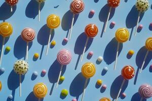 Aerial view of a vibrant collection of assorted lollipops on a colorful background, perfect for desserts and sweet treats photo