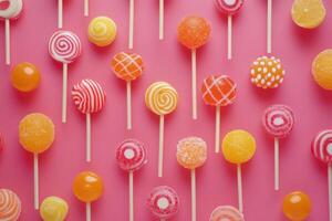 Aerial view of colorful and fruity lollipops on a pink background perfect for desserts and sweet celebrations photo