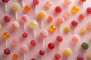 Aerial view of a vibrant collection of fruity lollipops showcasing delightful sweets for treats and desserts photo