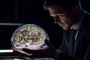 An executive demonstrates an AI brain to highlight human-robot collaboration in future business practices at a corporate event photo