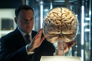 An executive engages with an AI brain, showcasing innovative human-robot collaboration in business settings photo