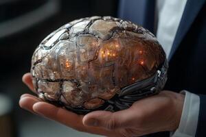 An executive showcases a futuristic AI brain, highlighting the potential of human-robot collaboration in modern business settings photo