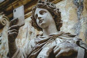 Antique stone statue playfully taking a selfie with a smartphone in an art-filled historical location photo