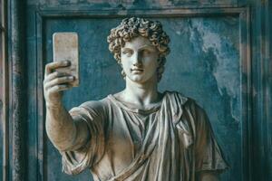 An antique stone statue captures a modern moment taking a selfie with a smartphone against an ornate background photo