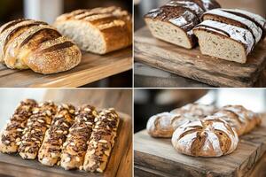 Artisan bread slices showcasing diverse flavors and textures on wooden boards in a bakery setting photo