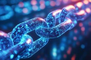 Exploring blockchain innovation with holographic neon nodes in a cyber tech environment at dusk photo