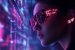 Innovative individual interacting with holographic neon nodes in a futuristic cyber tech environment photo