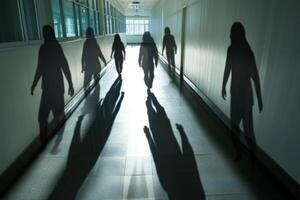 Shadows of bullying in a school hallway exemplifying social exclusion among students during school hours photo