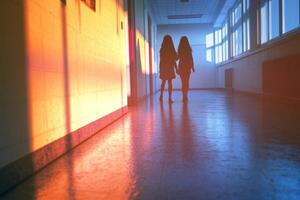 Shadows of social exclusion in school hallways as students navigate bullying during sunset photo