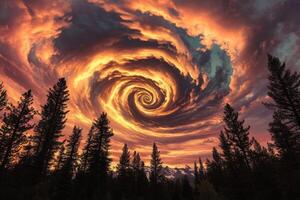 Twilight sky adorned with spiral clouds and vibrant colors over a forest during the evening hours photo
