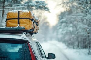 Car ready for winter vacation with luggage secured on the roof rack in a snowy forest setting during early morning hours photo