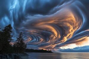 Twilight sky displays swirling clouds and vibrant colors over a serene lake at dusk photo