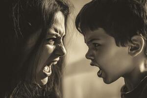 Mother and son arguing in a tense confrontation at home, expressing anger and frustration during a family conflict photo