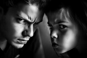 Family conflict between siblings in a tense moment at home showing sadness and anger during childhood photo