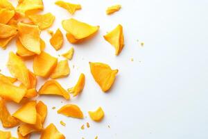 Chopped dried mango slices scattered artistically on a clean white background showcasing a healthy snack option for any time of day photo