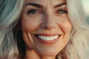 Older woman's radiant smile after dental whitening procedure highlights healthy teeth and satisfaction from dental care photo