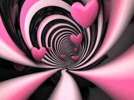 A mesmerizing swirl of black and pink hearts creates an optical illusion effect in a captivating, dreamlike setting photo