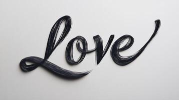 Elegant black cursive text spelling love with a flowing underline against a minimalist white backdrop creating a romantic atmosphere photo