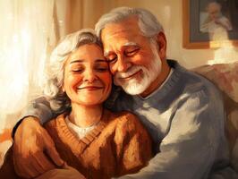 Elderly couple sharing a tender embrace and smiling in a cozy bedroom with soft lighting and muted colors photo