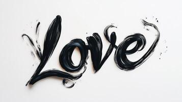 Elegant black cursive text spelling love with flowing underline displayed against a minimalist white background in artistic composition photo