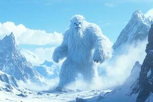 Enigmatic yeti traversing a stunning snowy mountain landscape beneath a clear blue sky photo