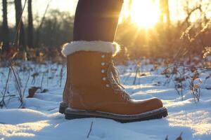 A tranquil winter walk at golden hour with cozy boots in the snowy woods photo