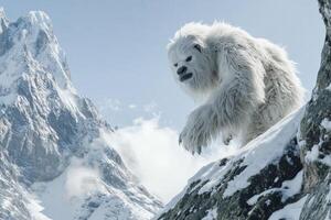 Enigmatic yeti exploring majestic snowy mountain slopes beneath a bright blue sky photo