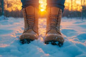 A peaceful winter stroll at golden hour with warm boots on a snowy path in a tranquil landscape photo