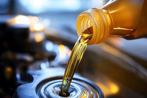 Essential maintenance for car efficiency with oil pouring into the engine at a service station photo