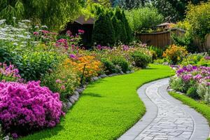 Transform your outdoor space with beautiful landscaping that showcases vibrant flowers and a winding stone path in a serene garden setting photo