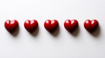A row of five red hearts displayed on a clean white background showcasing a simple, minimalistic design ideal for expressing love photo