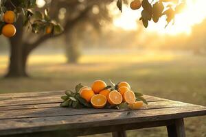 Golden hour citrus fruits resting on a rustic table with sunlit tree field creating a serene and inviting atmosphere photo
