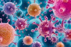 A vibrant graphic depiction of the human immune system showcasing cells, antibodies, and pathogens in relation to health and disease photo