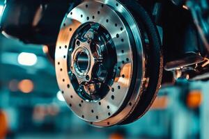 Detailed view of high-performance braking system mechanics for sports cars in automotive workshop photo