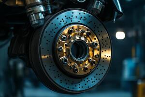 Detailed view of a high-performance braking system for sports cars showcasing advanced front wheel brake mechanics and technology photo