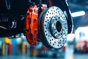A close-up of a high performance braking system for sports cars showcasing front wheel brake mechanics and features in a garage setting photo