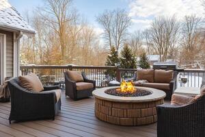 Cozy winter backyard deck with a fire pit and comfortable seating on a wooden terrace in a serene outdoor setting photo