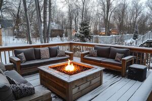 Cozy winter backyard deck featuring a fire pit and comfortable seating area surrounded by snow photo