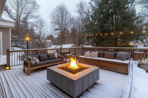 Cozy winter deck retreat featuring a fire pit and inviting seating for chilly evenings outdoors photo