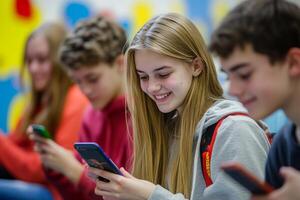 Joyful teenagers interact with smartphones in a lively high school classroom during a break, sharing laughs and discovering new apps together photo